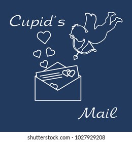 Cupid shoots a bow and envelope with Valentine's card and hearts. Love symbol. Design for banner, poster or print.