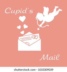 Cupid shoots a bow and envelope with Valentine's card and hearts. Love symbol. Design for banner, poster or print.