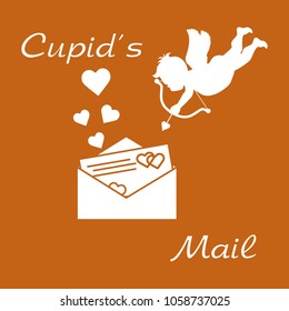 Cupid shoots a bow and envelope with Valentine's card and hearts. Love symbol. Design for banner, poster or print.