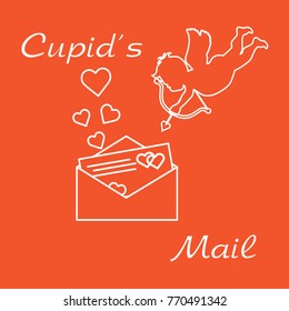 Cupid shoots a bow and envelope with Valentine's card and hearts. Love symbol. Design for banner, poster or print.