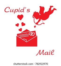 Cupid shoots a bow and envelope with Valentine's card and hearts. Love symbol. Design for banner, poster or print.