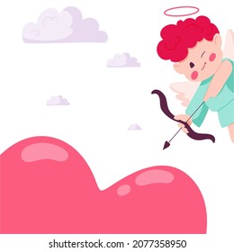 Cupid shoots a bow in the heart. Valentine's Day greeting card. Vector hand drawn illustration