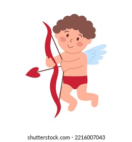 Cupid shoots a bow isolated on white background. Cute little amur, angel for valentine's day flat vector illustration
