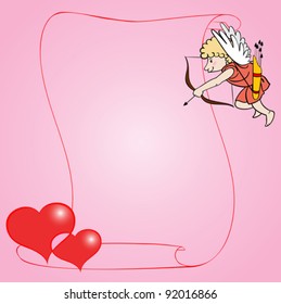 The cupid shoots from a bow in two hearts.