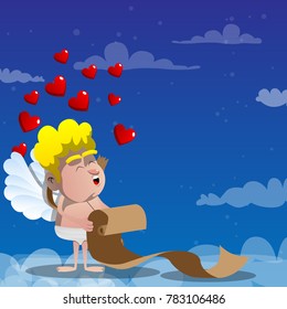 Cupid showing a big list. Vector cartoon character illustration.