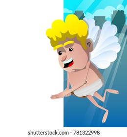 Cupid showing blank banner, with bow and arrow in the other hand. Vector cartoon character illustration.