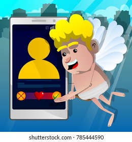 Cupid showing dating app on smart phone. Vector cartoon character illustration.