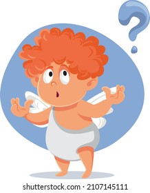 
El Escaramuza Cupido Tiene Preguntas Sobre La Caricatura Del Vector. Ángel de amor sobre la festividad que tiene problemas de pérdida de memoria 
