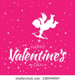 Cupid silhouette with bow and arrow heart on pink background.  Valentines Day design. White flying Angel. Amur symbol of love for Valentine's Day, wedding invitation card. Hearts purple backdrop. 