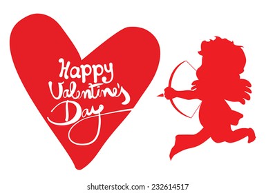 Cupid silhouette and heart. Happy Valentines Day.