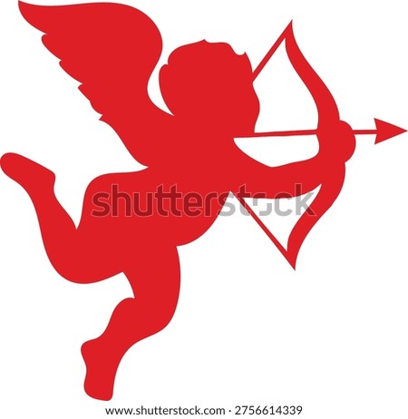 Cupid silhouette red angel aiming bow and arrow in clean vector style isolated on transparent background for romantic and Valentine themed design use