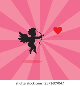 Cupid Silhouette Shooting Arrow with Heart on Pink Radiant Background - Romantic Valentine's Day Illustration