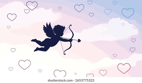 Cupido silhueta tiro arco seta amor corações voando romântico céu nuvens cores pastel