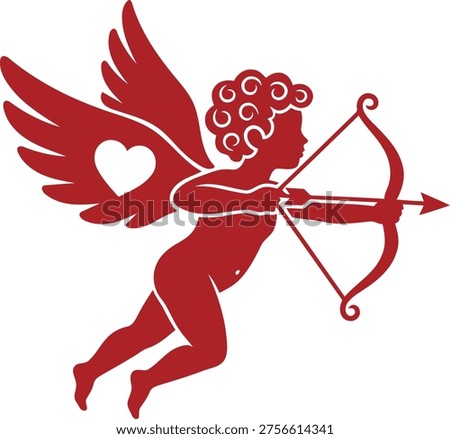 Cupid silhouette winged angel aiming decorative bow and arrow with heart detail in clean vector style isolated on transparent background for romantic Valentine themed design use