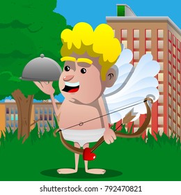 Cupid with silver cloche in hand and bow and arrow in the other hand. Vector cartoon character illustration.