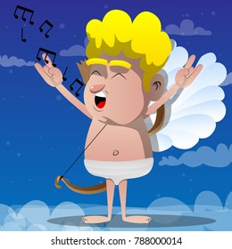 Cupid singing with hands in rocker pose. Vector cartoon character illustration.