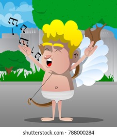 Cupid singing with hands in rocker pose. Vector cartoon character illustration.