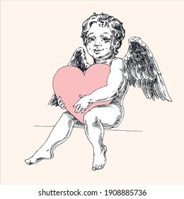 Cupido se sienta, abraza el corazón.