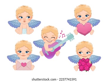Cupid sitting on air, holding a pink heart, playing music on the guitar, holding love letter and holding pink rose bouquet. Cupid Activity on White background Vector