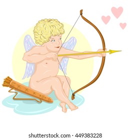 Cupid sitting on a cloud, aiming an arrow at someone's heart. Next to a beautiful quiver holds arrows.
