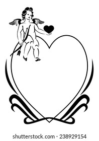 Cupid is sitting on a heart shaped frame