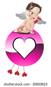 Cupid sitting on a heart shaped globe.