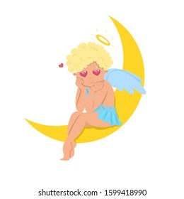 Cupid sitting on the moon isolate on a white background. Vector graphics.