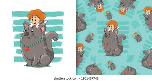 The cupid is sitting on the top of the cute cat in the random pattern of illustration