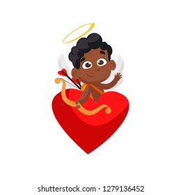   cupid sitting in red heart illustration. Kid, love, romantic, angel. Saint Valentines Day concept. Vector illustration can be used for topics like romantic, love, celebration, greeting card