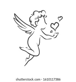Cupid sketch.Hand drawn angel sketch and amur, cupid doodle.Illustration of a Valentine's Day. Isolated on white background. 
