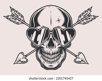 Cupid skull element monochrome vintage crossed arrows behind head dead man in glasses with hearts for valentine day vector illustration