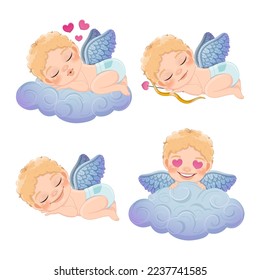 Cupid schlafen auf einer Wolke, schlafen auf der Luft und halten eine Schleife, Fräsen und schlafen, peekaboo verbergen eine Wolke. Cupiraktivität auf weißem Hintergrund, Vektorgrafik