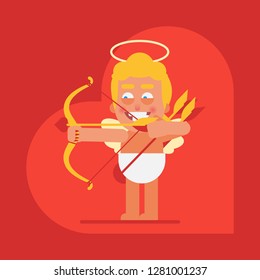 Cupid standing and shooting bow. Cartoon character. Valentine card. Vector Illustration.