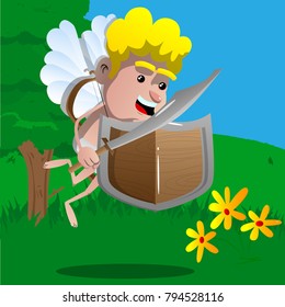 Cupid with a sword and shield. Vector cartoon character illustration.