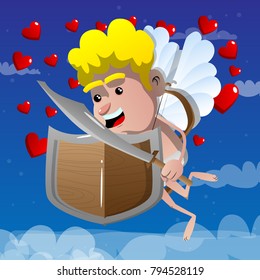 Cupid with a sword and shield. Vector cartoon character illustration.
