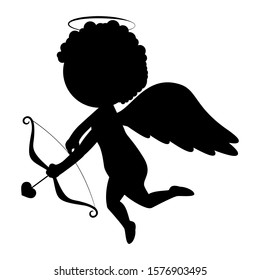 Cupid symbol with bow and arrow isolated on white background. Black silhouette of cupid icon, vector stock illustration. Valentines day.