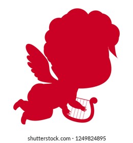 Cupid, Symbol of Love and Valentine's Day, with Harp, Red Silhouette. Vector Illustration.