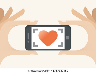 Cupid taking photo of loving heart. Abstract illustration of photographer with mobile phone camera. Concepts wedding video photos, honeymoon, engagement, valentines day celebration, love at first sign