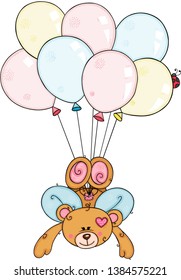 Cupid of teddy bear flying with balloons
