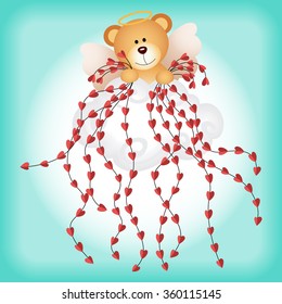 Cupid teddy bear with hearts background