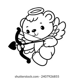 Cupid teddy bear ready to shoot his arrow, line art style vector illustration