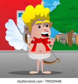 Cupid tying red ribbon on his neck. Vector cartoon character illustration.