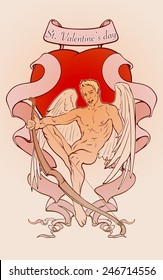 Cupid unusually depicted as a young muscled guy with a decorative heart and ribbons in a background. St. Valentine's day gay friendly celebration design. EPS10 vector illustration.