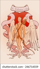 Cupid unusually depicted as a young muscled guy with a decorative heart and ribbons in a background. St. Valentine's day gay friendly celebration design. EPS10 vector illustration.