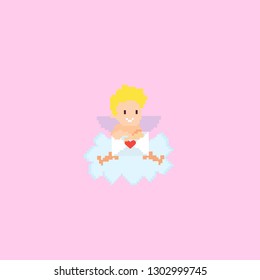 Cupid with Valentine on a cloud. Pixel art. Vector illustration.