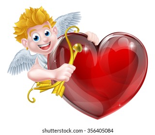 Cupid valentines day angel cartoon with his gold bow and heart arrow in peeking around a big red valentines heart with room on it for a message