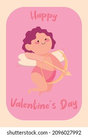  Cupid valentines day greeting card, angel vector illustration, cute and simple design, curly hair, for print, posters, cards, banners, t shirt prints, baby, child, birth