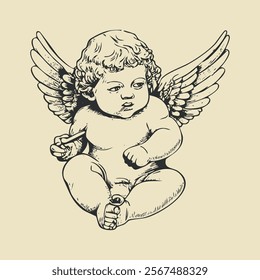 Cupid Valentines Day symbol. Sitting angel child, vector illustration