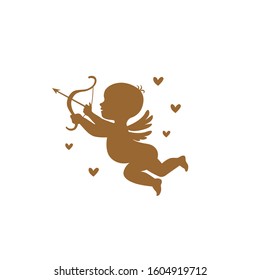 Cupid valentines love angel flying silhouette. Cute cupid fired an arrow.  Romantic valentines card. Can be used in card design, postcard, calendar, website, wallpaper, banner, background.