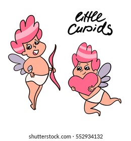 Cupid in various positions isolated. Hand drawn cupids collection.Cute baby boy cupid with heart.Vector Illustration